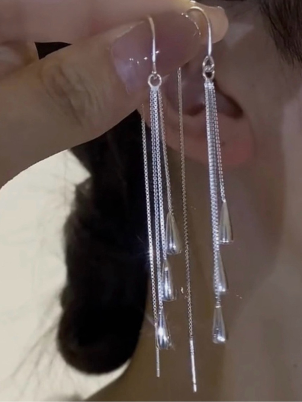Women Silver Plated Waterdrop Tassel Threader Dangle Drop Earrings Fashion TH3